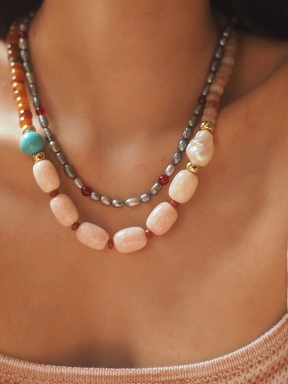 Boho Multistrand Mixed Natural Stone Baroque Pearl Beaded Layered Necklace